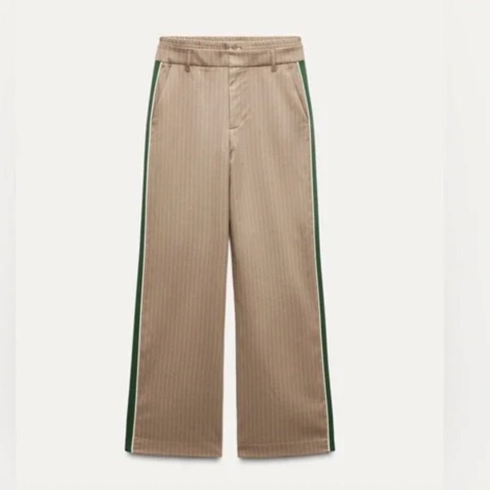 Zara Tan Striped Trousers with Green Accents